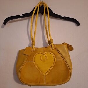Vintage 90s Y2K M.C. Yellow Faux leather Shoulder Bag Heart Applique Braided